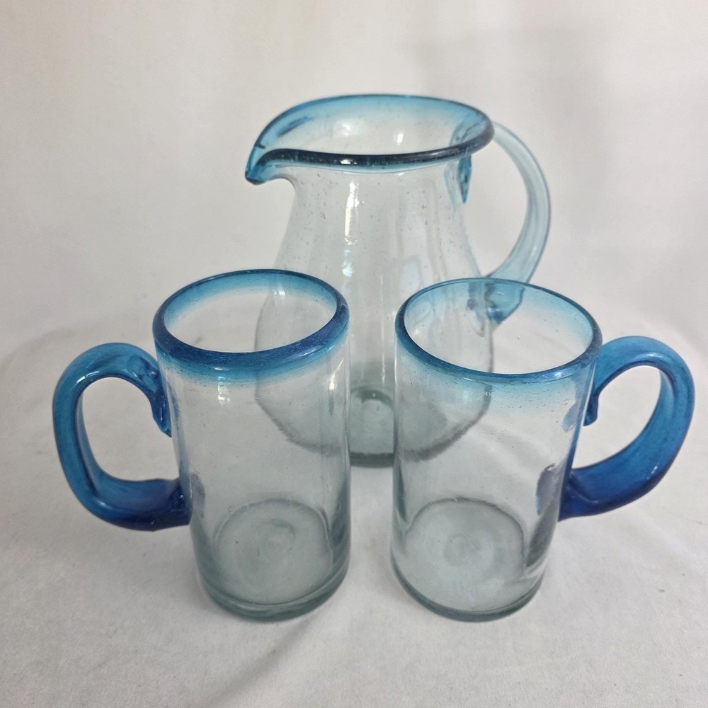 Vintage Mexican Hand Blown Blue Rim Pitcher‎ With Two Matching Mugs